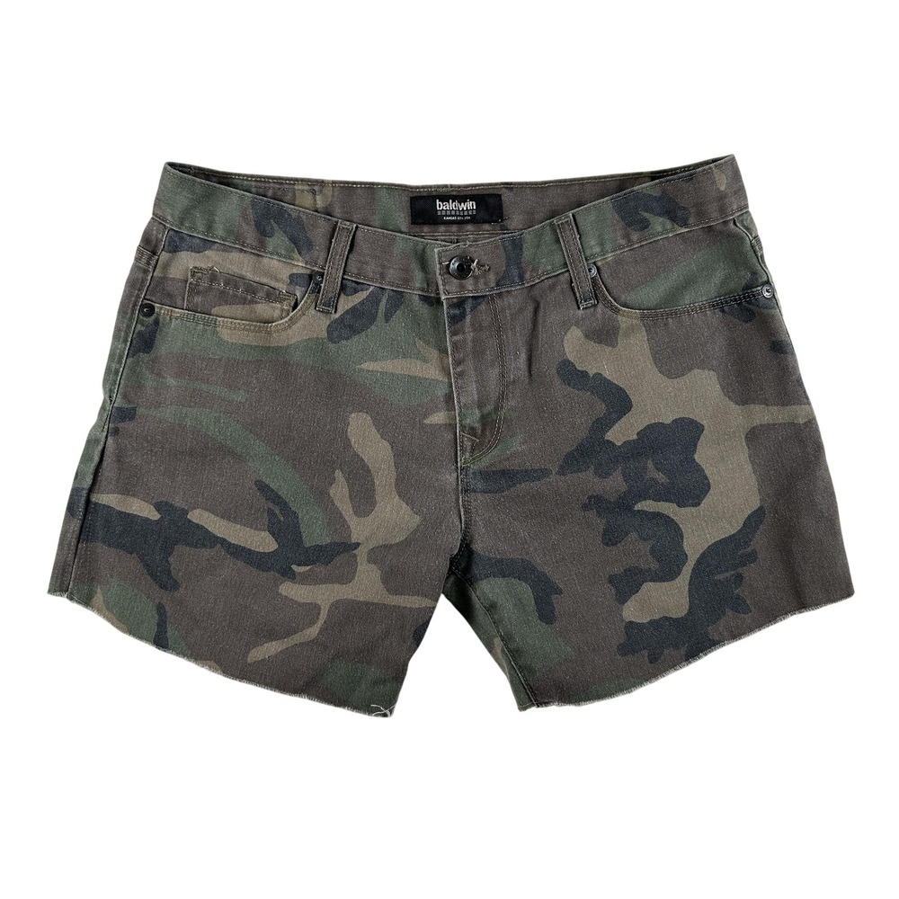 Baldwin Shorts Womens 29 The Andi Boyfriend Green Camo Denim Cutoff Raw Hem USA